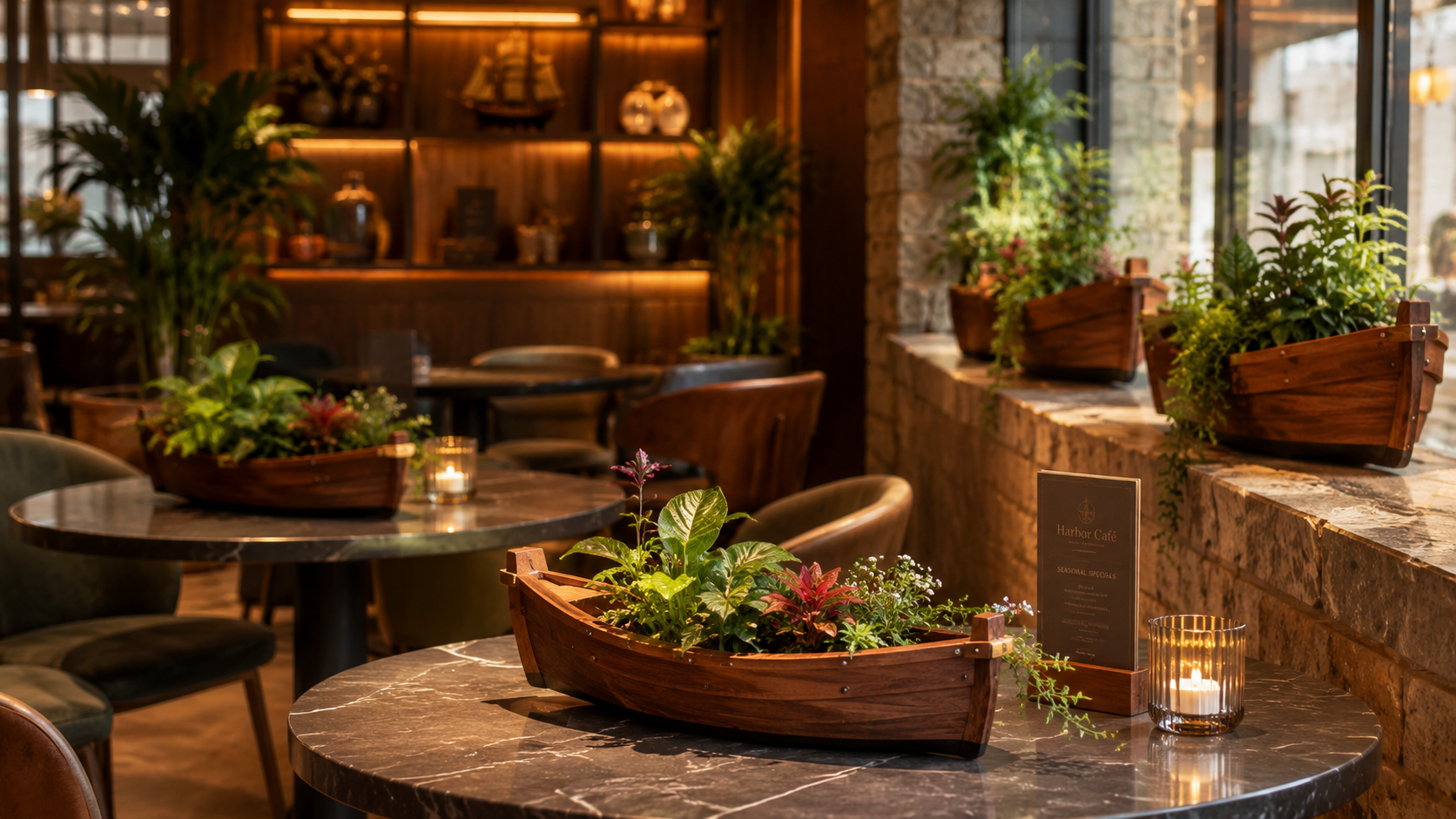 Thuyền gỗ tiểu cảnh café sân vườn